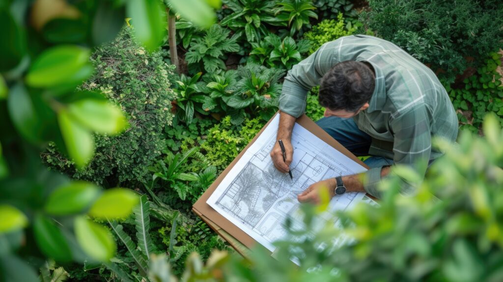 landscape architect reviewing garden blueprints aig41